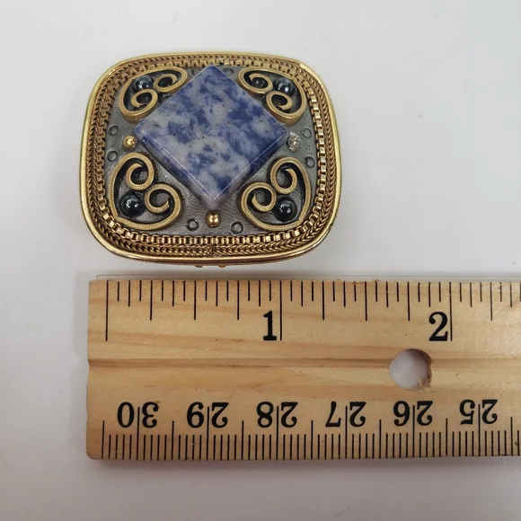Michal Golan Blue Sodalite & Gold Filigree Pendant / Brooch w/Hearts 1.50x1.25